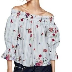 Zara women’s large garden floral stripe smocked romantic off the shoulder large
